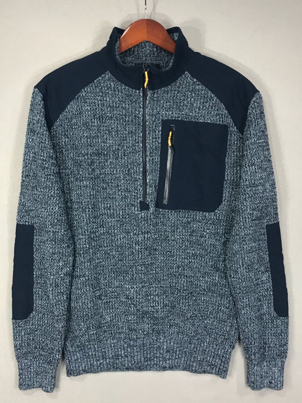 Bass Outdoor Sweater Mens Small Blue Chunky Knit Pullover 1/2 Zip Mock Pocket LS